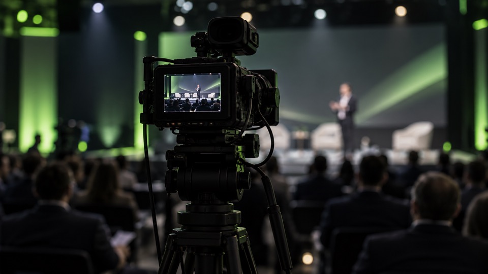 Camera profissional registra uma palestra em um evento corporativo.