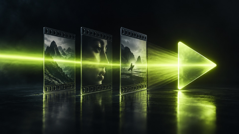 Feixe de luz une quadros de filme em um simbolo de reproducao, representando uma mensagem clara.