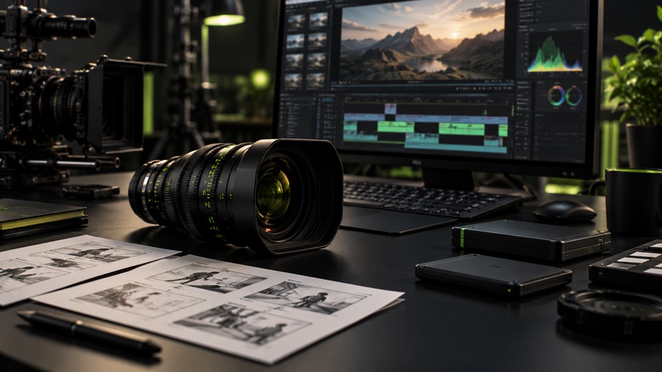 Equipamentos, storyboard e edicao que compoem uma producao de video.